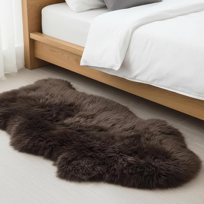 Genuine Dark Brown Sheepskin Rug 2x3 ft, Real Fluffy Single Pelt Fur Accent Rug for Chair, Seat Cover, Nursery & Home Decor, Natural & Soft Shaggy Throw