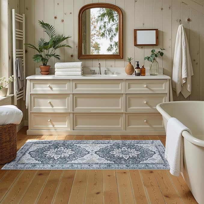 Area Rugs 2'x6' Washable Non-Slip, Floral Vintage Distress Print Pattern Medallion Carpet for Living Room Bedroom Dining Room, Light Gray Grey White
