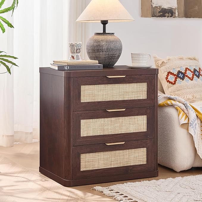 LEYAOYAO Rattan Night Stand with Drawers, 23" Large 3 Drawer Boho Nightstand, Walnut Bedside Table Storage Cabinet, Bed Side End Tables Dresser for Bedroom, Living Room, Hallway, Closet