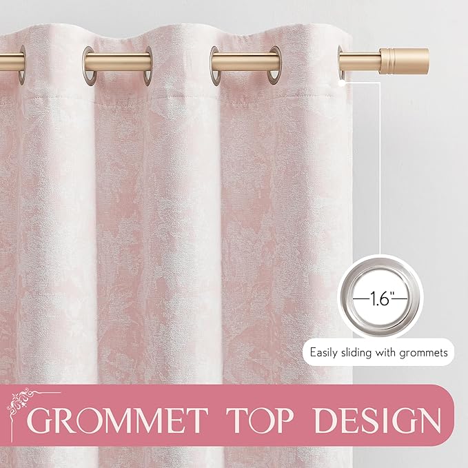 Beauoop Pink Floral Jacquard Blackout Curtains 84 Inches Long 2 Panels for Bedroom Living Room Chenille Flower Room Darkening Thermal Insulated Soundproof Grommet Window Treatments Drapes, 52x84