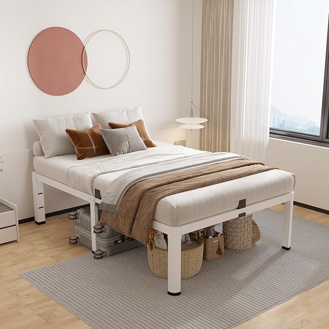 ROIL 14 Inch White Twin XL Bed Frame with Rounded Corner and Headboard Hole Mattress Retainers, 3500LBS Heavy Duty Steel Slats No Box Spring Needed Platform Noise-Free Easy Assembly