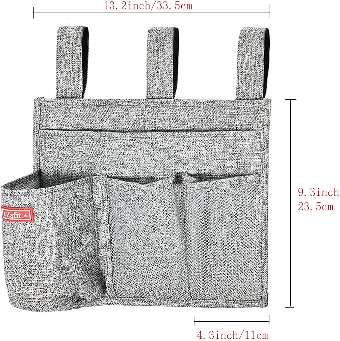 Zafit Linen Bedside Caddy, Bedside Storage Organizer for Hospital Beds, College Dorm Rooms or Baby Bed (4 Pockets-Grey)