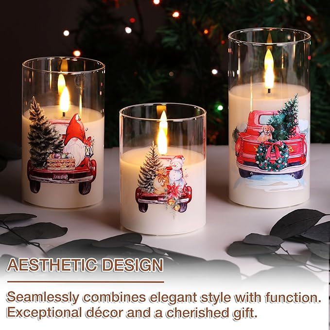 Eywamage Christmas Glass Flameless Candles with Remote, Flickering LED Pillar Candles Holiday Table Decor Gift Set of 3