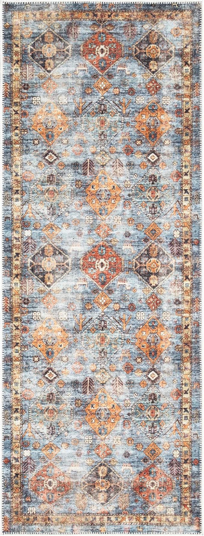 Bloom Rugs Washable Non-Slip 7 ft Runner - Blue/Orange Traditional Bordered Runner for Entryway, Hallway, Bathroom, and Kitchen - Exact Size: 2.5' x 7'