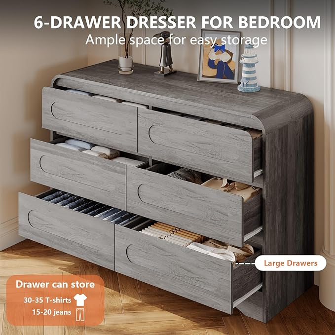 Dresser for Bedroom with 6 Drawers, 47" Wide Modern Dressers & Chest of Drawers with Curved Profile Design, Wood Closet Clothes Storage Dressers Organizer for Bedroom Living Room Hallway, Grey