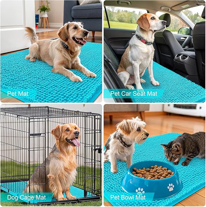 OLANLY Dog Door Mat for Muddy Paws 36x24, Absorbs Moisture and Dirt, Absorbent Non-Slip Washable Doormat, Quick Dry Chenille Mud Mat for Dogs, Entry Indoor Entryway Carpet for Inside Floor, Aqua Blue