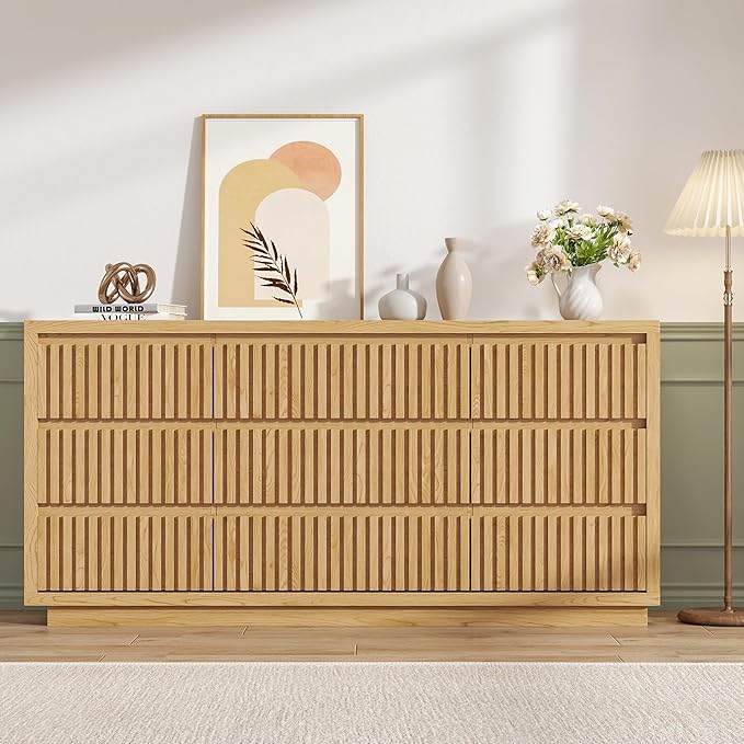 Long Dresser for Bedroom, Large Fluted Dresser with 9 Drawers, 58" Wide Modern Chest of Drawers, Wood Closet Clothes Storage Organizer, Wooden TV Stand for Living Room, Boho, Natural Oak