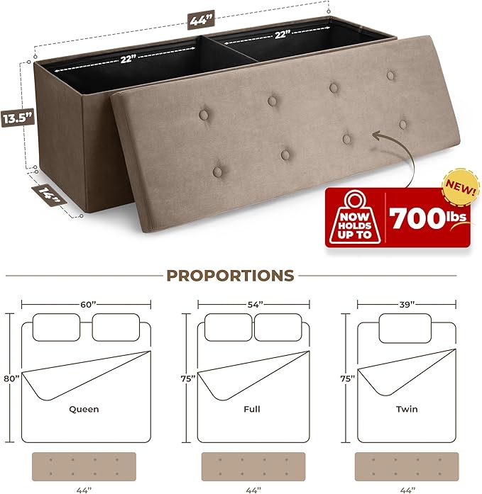Sorbus 43 Inch Beige Ottoman with Storage Bench – Folding Bed Bench 80L Storage Ottoman Chest with Cover - Shoes Linen, Hope Chest Ottoman Seat Footrest – Plush Tufted Suede Fabric -450 Lbs.
