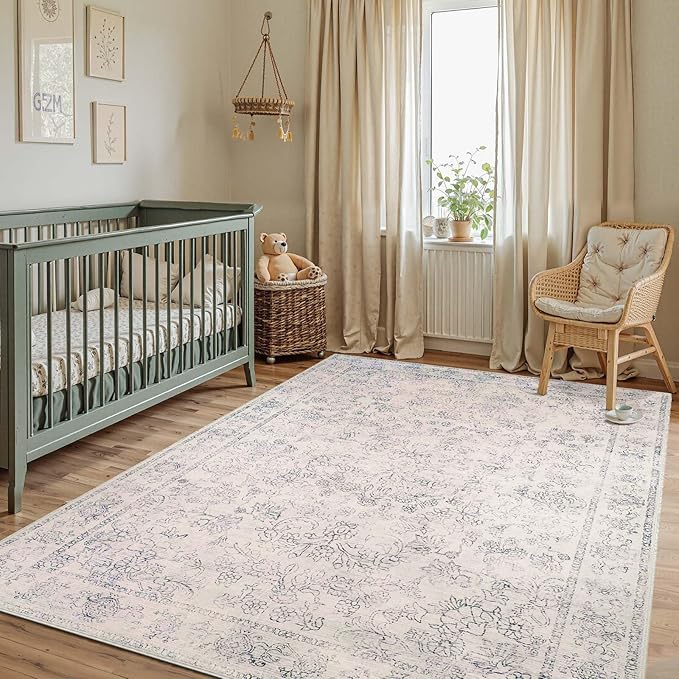 jinchan 4x6 Ivory Area Rugs for Living Room – Machine Washable Vintage Floral Soft Stain Resistant Low Pile Rug, Non Slip Ultra-Thin Carpet for Bedroom Dining Room Home Office Nursery (4'x6', Ivory)