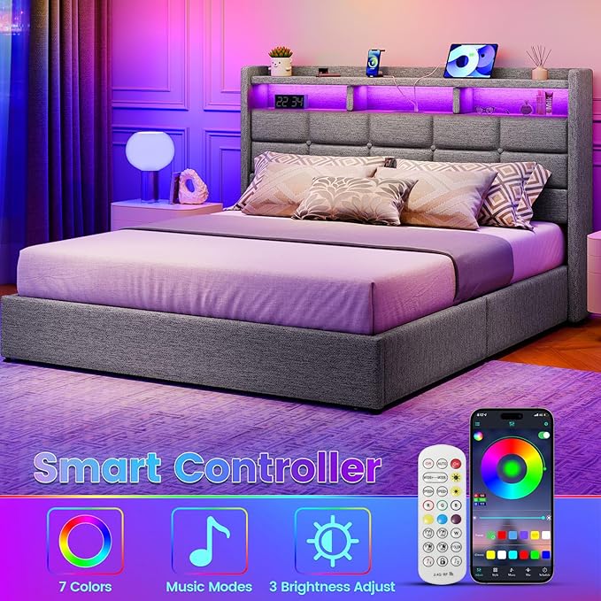 Lift Up Full Size Bed Frame with Storage, Upholstered Full Bed Frame with LED Lights Headboard and Charging Station, No Box Spring Needed, Easy Assembly - Light Grey