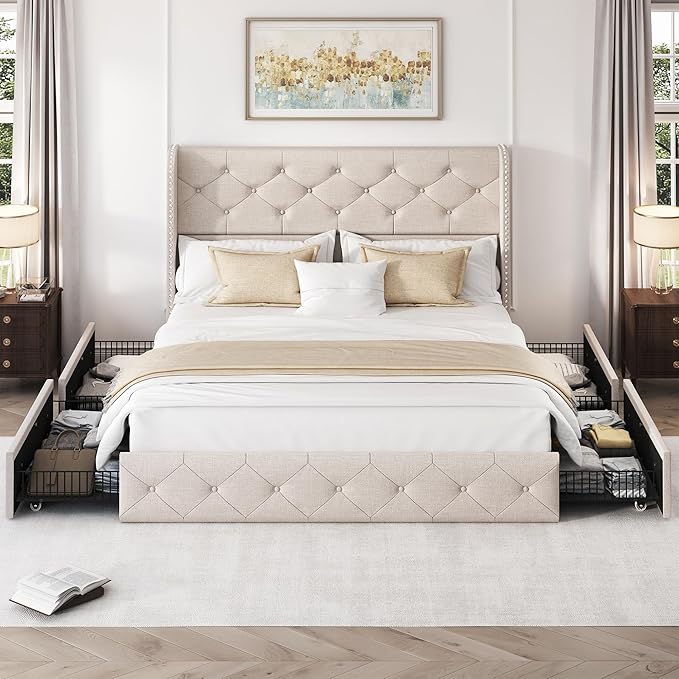 LARMACE Full Size Bed Frame with 4 Storage Drawers and Wingback Headboard Linen Upholstered Platform Bed Frame Tufted Beds with Wooden Slats Support, Easy Assembly, Beige