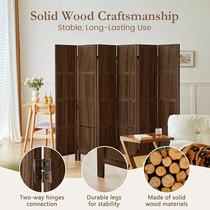 6 Panel Room Divider, 5.6Ft Wood Room Dividers and Folding Privacy Screens, Room Divider Wall Freestanding Room Partitions, Room Dividers Screen for Home Office Bedroom, Dark Brown