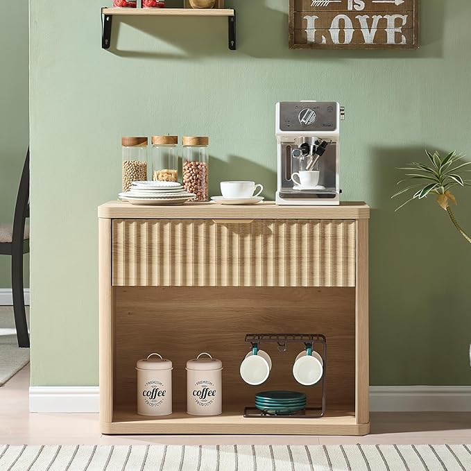 LEYAOYAO 31" Wide Fluted Nightstand with Charging Station, Oversized Extra Large 1 Drawer Night Stand with Golden Handle, Natural Wood Bedside Table Tall End Tables,for Bedroom, Living Room, Hallway
