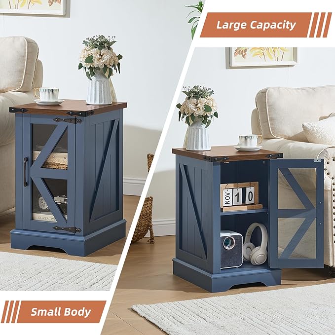 Farmhouse End Table Set 2, Narrow 18'' Night Stand with Glass Barn Door, 24" Square Side Table with Charger Station, Living Room Furniture Sets, Wood Nightstand Bedside Tables for Bedroom