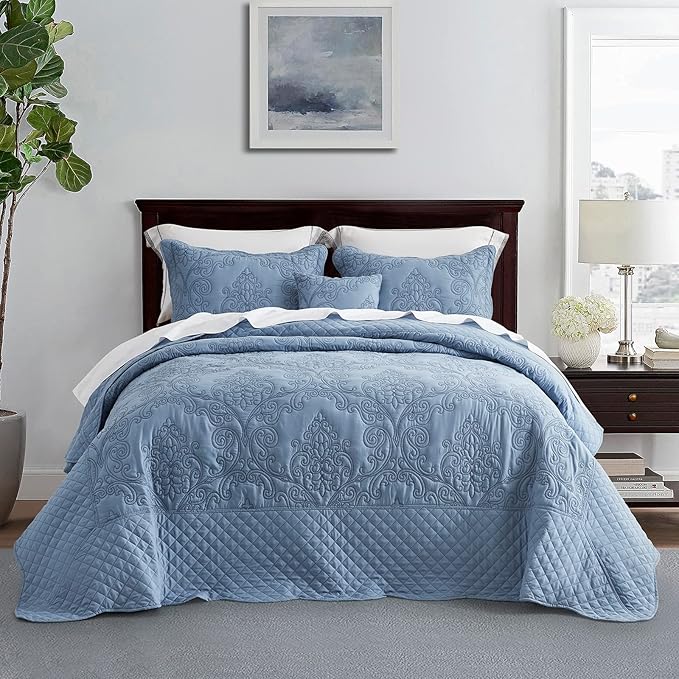 CHIXIN Oversized Bedspread Coverlet Set King Size - Lightweight Bedding Cover - Beautiful Stitching - 5 Piece Reversible Bedspread - Luxury Damask Paisley Pattern (King, Ashley Blue)
