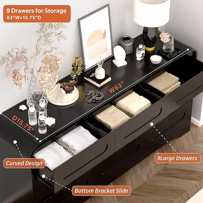 Dresser for Bedroom with 9 Drawers, 63" Large Modern Dressers & Chest of Drawers with Curved Profile Design, Wood Closet Clothes Storage Long Dressers Organizer for Bedroom Living Room Hallway, Black