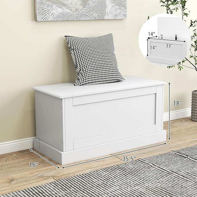 LOKO 35.5” Storage Chest, Lift Top Storage Box with Metal Hinges, Wooden Storage Bench with Safety Hydraulic Strut, Large Modern Storage Trunk for Living Room, Bedroom, Entryway (White)