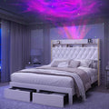 King LED Bed Frame with 2 Storage Drawers, PU Upholstered Platform Beds with Galaxy Star Projector Charging Station Speaker, Aurora Bedframe with 2-Tier Storage Headboard, Noise-Free, White