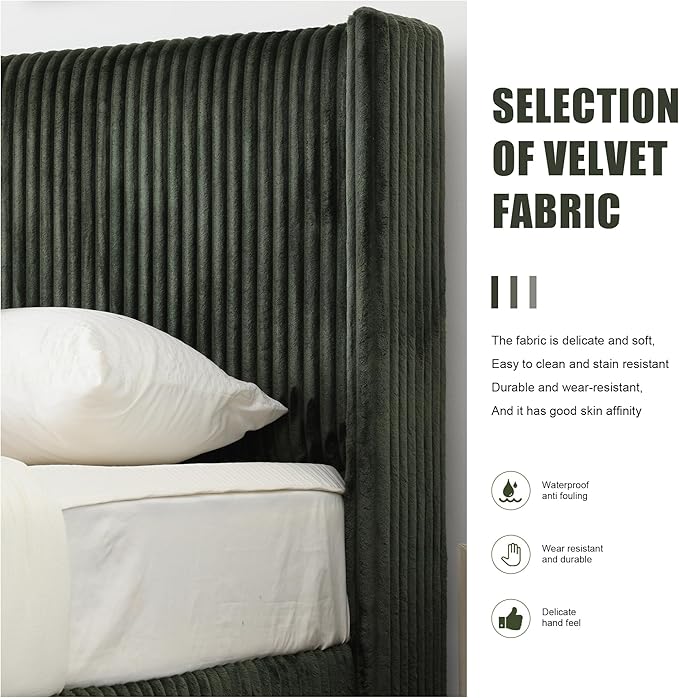 PINJU Twin Size Bed Frame, Upholstered Platform Bed with Modern Vertical Striped Wingback Headboard with Wooden Slats, Easy to Assemble No Noise Free (Green, Twin)