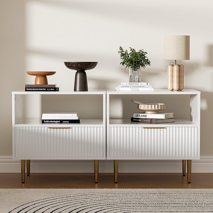 White Nightstand Set of 2, Modern Nightstand with Drawer, End Table with Storage, Bed Side Table with Open Space for Bedroom, Living Room, White