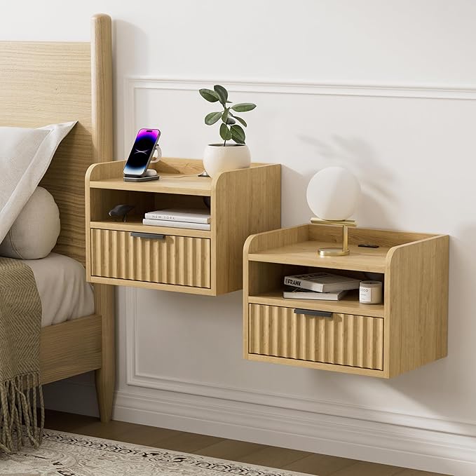 Fluted Floating Nightstand Set of 2, Wall Mounted Bedside Table with Storage Drawer and Open Shelf, Night Stand with Charging Station for Living Room, Bedroom, Dorm, Natural Oak