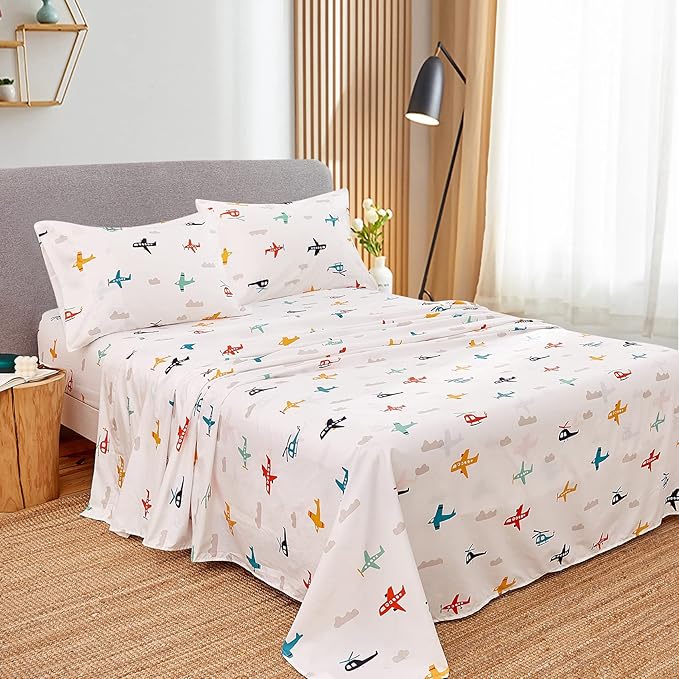 JSD Airplane Kids Sheet Set Twin Size, 3 Piece Soft Printed Microfiber Bed Sheets Deep Pocket