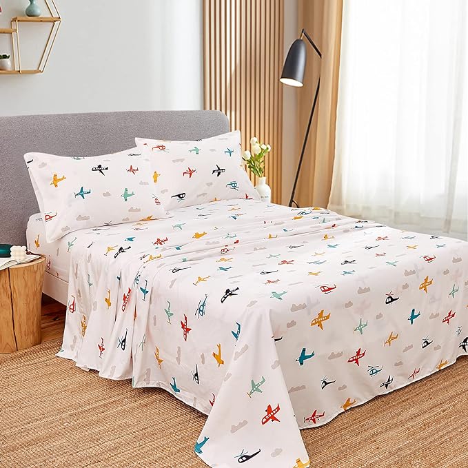 JSD Airplane Kids Sheet Set Full Size, 4 Piece Soft Printed Microfiber Bed Sheets Deep Pocket