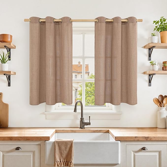 YoungsTex Mocha Brown Linen Kitchen Window Curtains 40 Inch Length, Short Semi Sheer Drapes with Grommet Light Filtering for Bathroom Living Room Windows, 2 Panels, 42 X 40 Inch