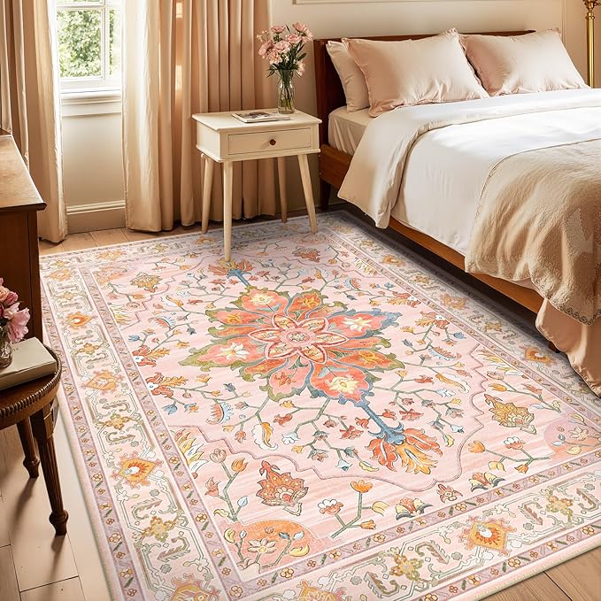 Area Rugs 6'x9' Washable Non-Slip, Floral Vintage Distress Print Pattern Medallion Carpet for Living Room Bedroom Dining Room, Light Pink Colorful