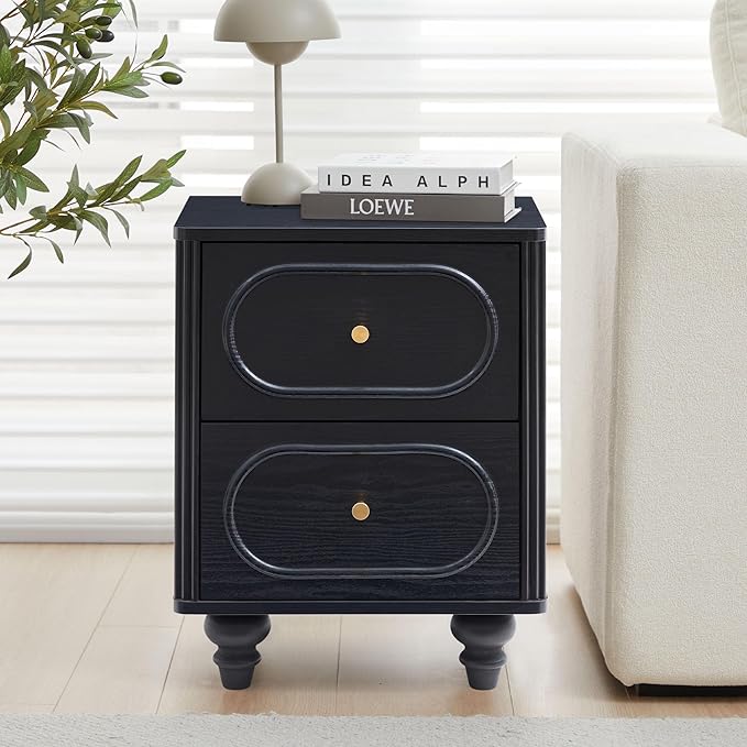 2 Drawer Fluted Mini Small Dresser for Bedroom Set of 2, Mid Century Modern Nightstand Bedside End Table, Wood Storage Dresser Organizer for Bedroom Living Room, Black