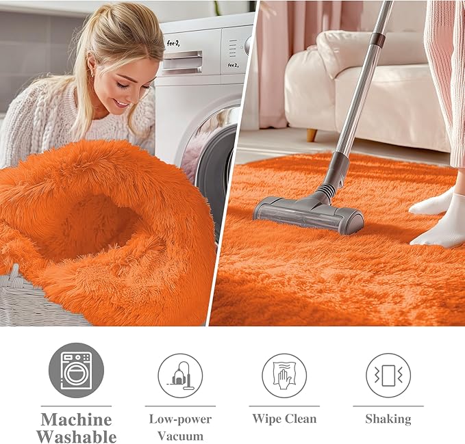 OLANLY Orange Round Rugs for Bedroom - Machine Washable, 7 ft Circle Area Rugs for Living Room, Soft and Fluffy Shaggy Carpet for Teen Girl and Boys, Nursery Rooms, Dorms, Home Decor Aesthetic