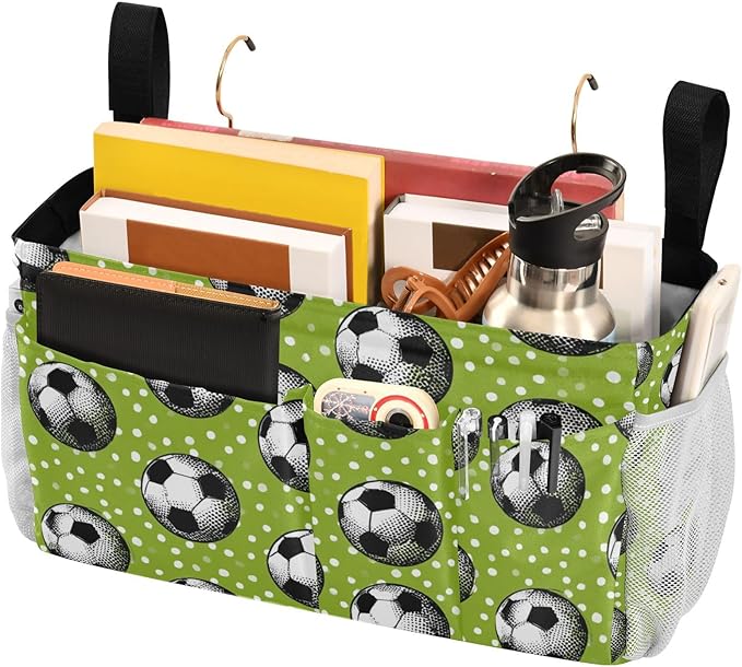 Bedside Caddy Hanging Bunk Bed Caddy Bed Organizer Hanging Pocket with 2 Hooks Bedside Storage Organizer Pocket Bag Holder Deep Green Soccer Balls Dots