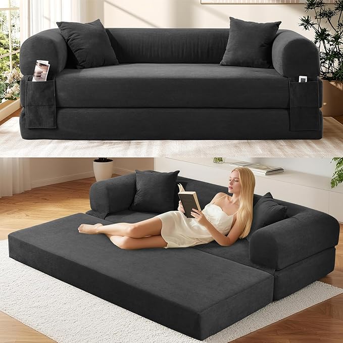 Convertible Futon Sofa Bed,80" Folding Pull Out Couch Bed with Pillows & Storage,Queen Sleeper Sofa Bed,Compressed Couch in a Box,Corduroy Boneless Couches for Living Room,Deep Gray