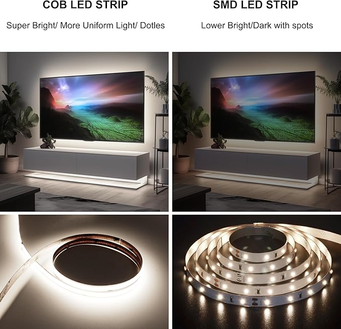 32.8ft COB LED Strip Lights 4000K Dimmable, High CRI 93+ with Power Adapter, Flexible Light Strips for Bedroom, Room, Kitchen, Mirror （Remote Control not Included）
