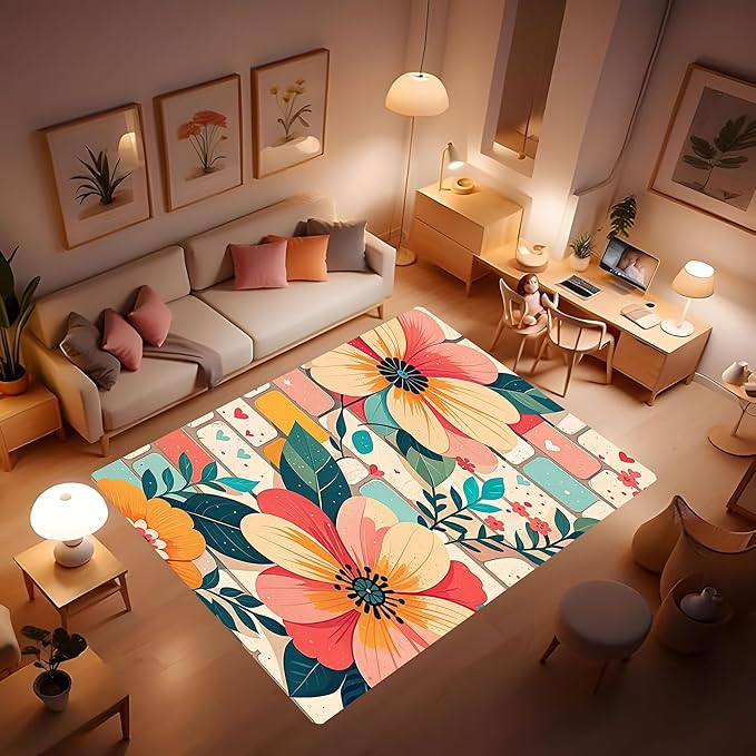 Machine Washable 2' x 3' Bohemian-Style Area Rug, Pink Floor mat, Suitable for bedrooms, Girls' Room Bedside, Living Room, Dining Room, Office, Non-Slip Low-Pile Printed Modern Floral Carpet