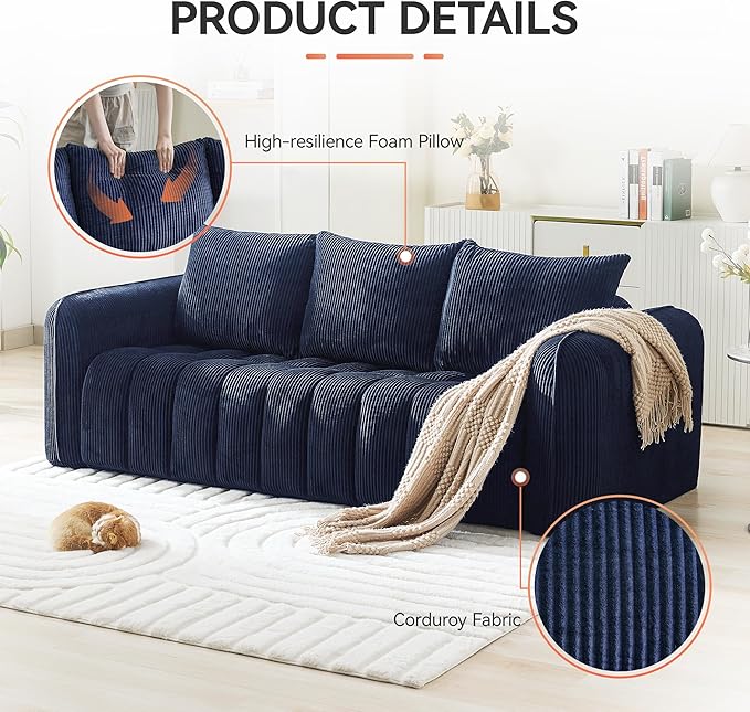 Corduroy Boneless Living Room Sets, Modern Upholstered 3 Seater Sofa with 2 Signle Accent Chairs, Comfy Deep Seat Cloud Sofa Couch Sets for Living Room, Navy