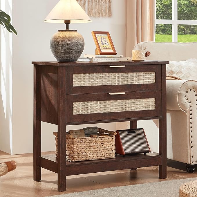 LEYAOYAO 31.5" Wide Rattan Night Stand, Large Boho Nightstand, Bedside Table with Storage, Tall Bed Side End Tables, Chest of Drawers for Bedroom, Living Room, Hallway（Walnut,2 Drawers,2）