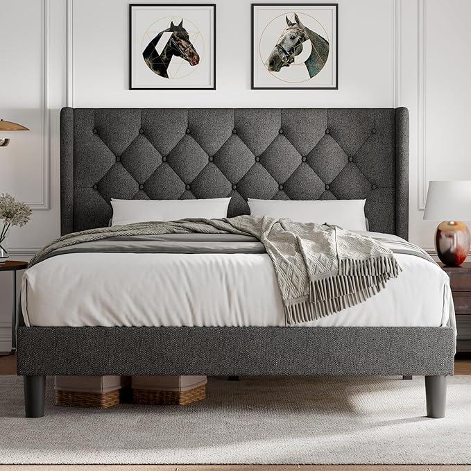 iPormis Full Size Platform Bed Frame with Button Tufted Headboard, Upholstered Bed Frame with Solid Wooden Slats, 8" Underbed Space, No Box Spring Needed, Noise Free, Easy Assembly, Dark Gray