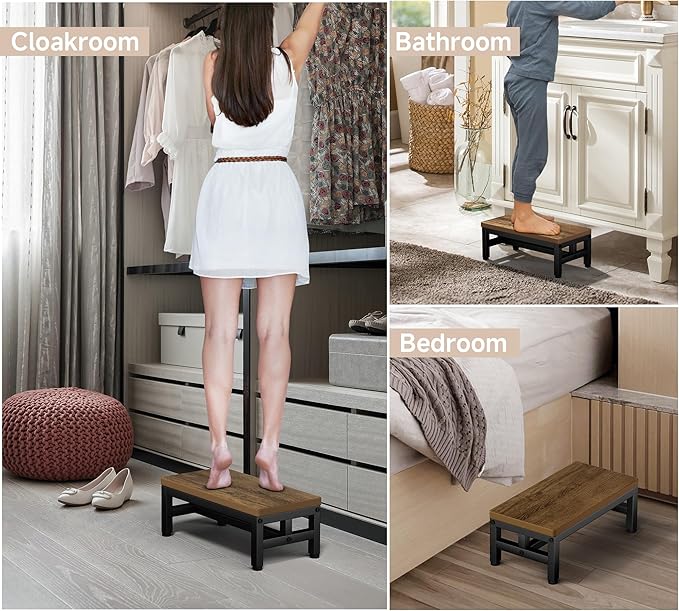 Y&M One Step Stool for Adults Kids, Adjustable Non-Slip Foot Stool with Sturdy Metal Frame, Bed Step for High Beds, Portable Step for Kitchen, Bathroom, Bedroom, Living Room – Rustic Brown