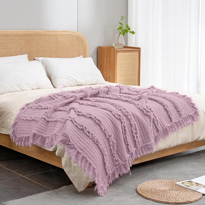 Ultra Soft Pre-Washed Warm Quilted Throw Blanket, Ruffle Fringed Purple Boho Decorative Throw, Stone Washed Chic Rustic Blanket for Sofa Couch Bed Chair, 50"x 60"