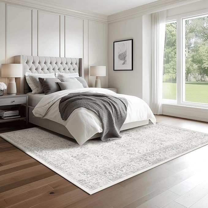 FMFUNCTEX 8x10 Washable Area Rug Grey Vintage Neutral Distressed Large Non Slip Carpet for Living Room Bedroom Soft Low Pile Indoor Mat Retro Floral Throw Rug for Dining Room Kitchen Office Nursery