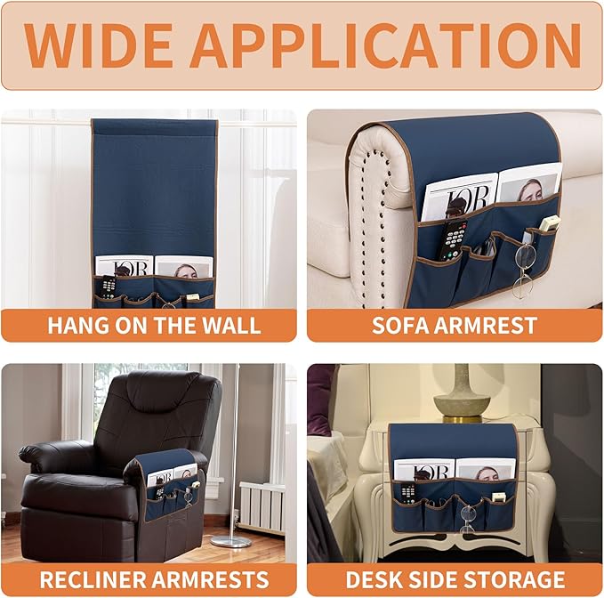 HAOMAIJIA Anti Slip Sofa Armrest Organizer Arm Chair Bedside Caddy Storage Organizer For Recliner Couch With 6 Pockets For Cell Phone Tv Remote Control (Navy Blue, 31.89 inches × 18.5 inches)