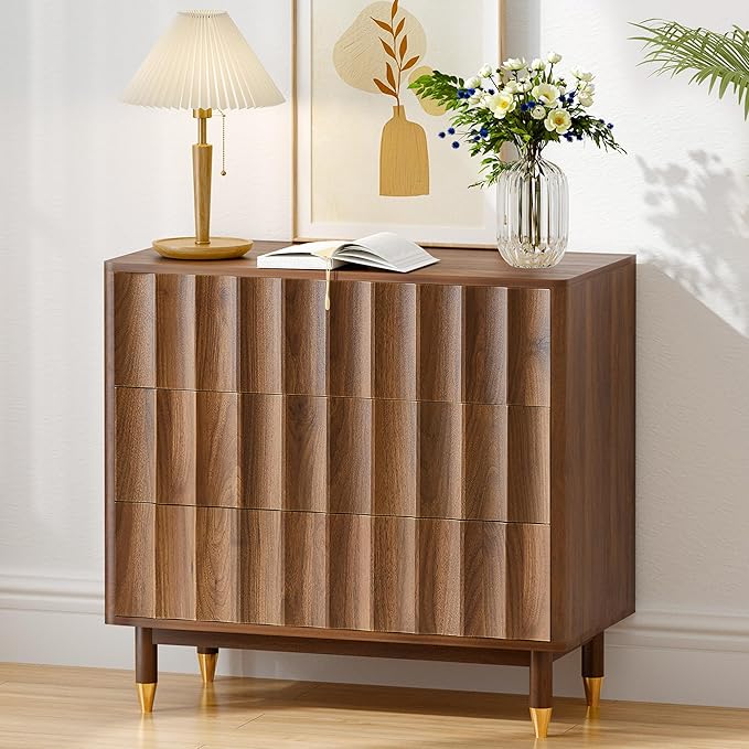 Fluted 3 Drawer Dresser, 31.5" Wide Modern Storage Chest of Drawers, Wood Drawer Organizer for Bedroom, Living Room, Hallway