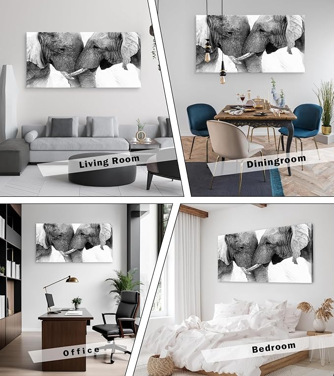 DZL Art D73098 Black and White Elephants Entwine Wall Art Canvas Painting Ready to Hang for Living Room Bedroom Office Wall Decor Home Decoration