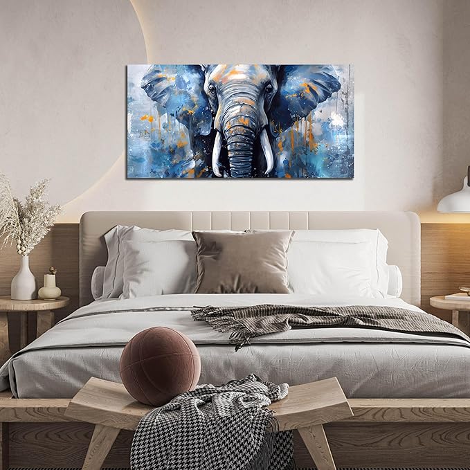 ENTANUB Elephant Wall Art for Lving room, Animal Canvas Wall Decor for Bedroom, Blue Picture Print Arwork, Size 20x40 Inches