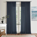 Navy Blue Pleated Linen Curtains 96 Inches Long for Living Room 2 Panel Set Semi Sheer Light Filtering Pinch Pleat with Rings Hooks Drapes Boho Farmhouse Dark Blue Indigo Curtain Bedroom Window