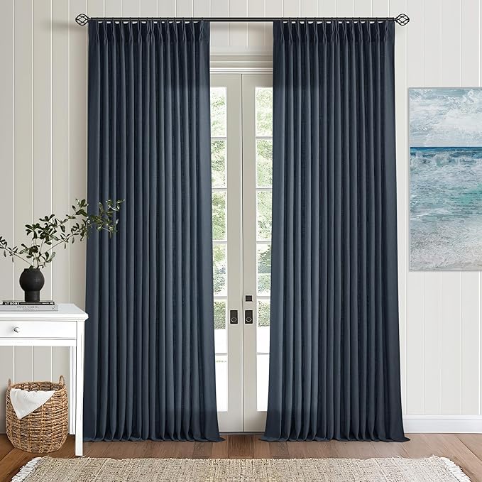 Navy Linen Pinch Pleated Curtains 108 Inches Long 2 Panels for Living Room Bedroom Light Filtering Drapes 108 Inch Length Dark Blue Indigo Semi Sheer Memory Shape Trained Ceiling Floor Curtain