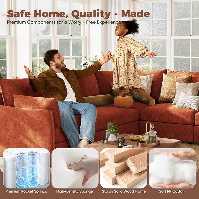 ABCASA 134.6" Oversized Modular Sectional Sofa, 6 Seater U Shaped Couch with Storage Ottoman with Reversible Chaise Deep Seat for Living Room, Apartment - Chenille Terracotta Orange