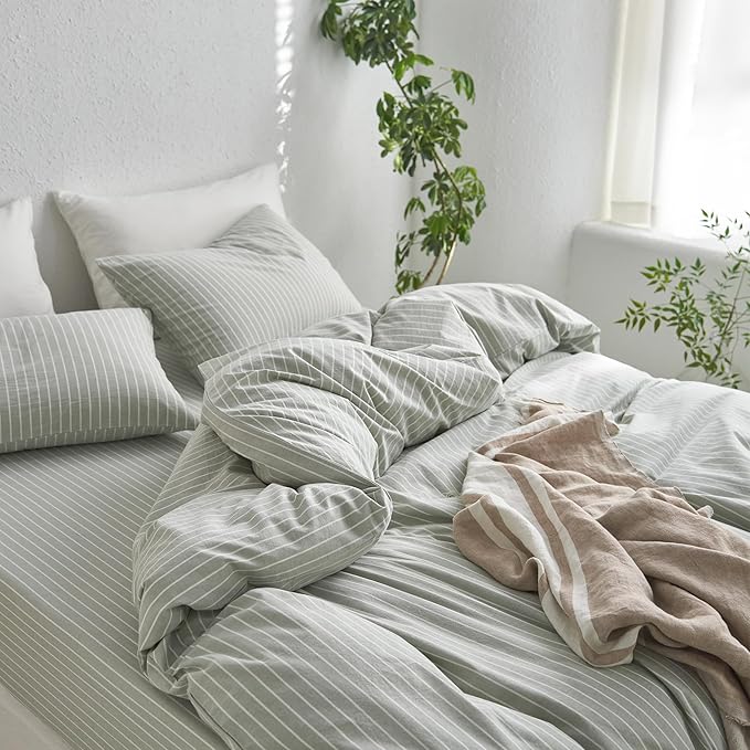 MooMee Striped Duvet Cover Set 100% Washed Cotton Linen Like Textured Breathable Durable Soft Comfy (Sage Green White Wide Stripes, Oversized Queen 98"x98")