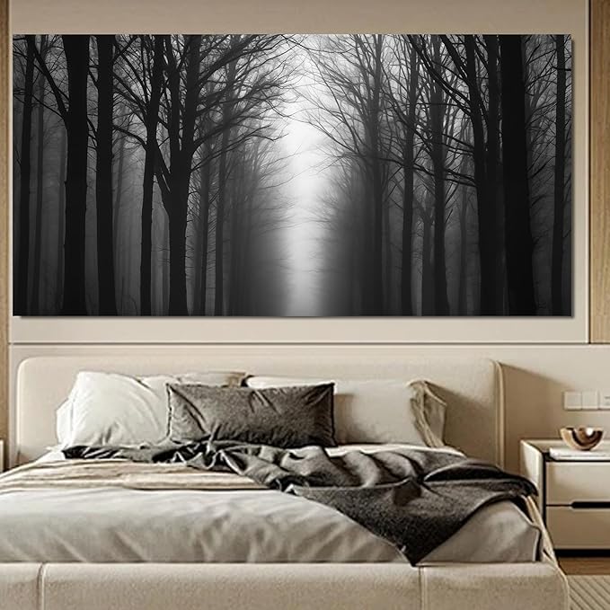 Trogonup Misty Forest Canvas Wall Art Black and Grey Tree Landscape Canvas Print Large Artwork for Living Room Bedroom Office Dining Room 29"x58"